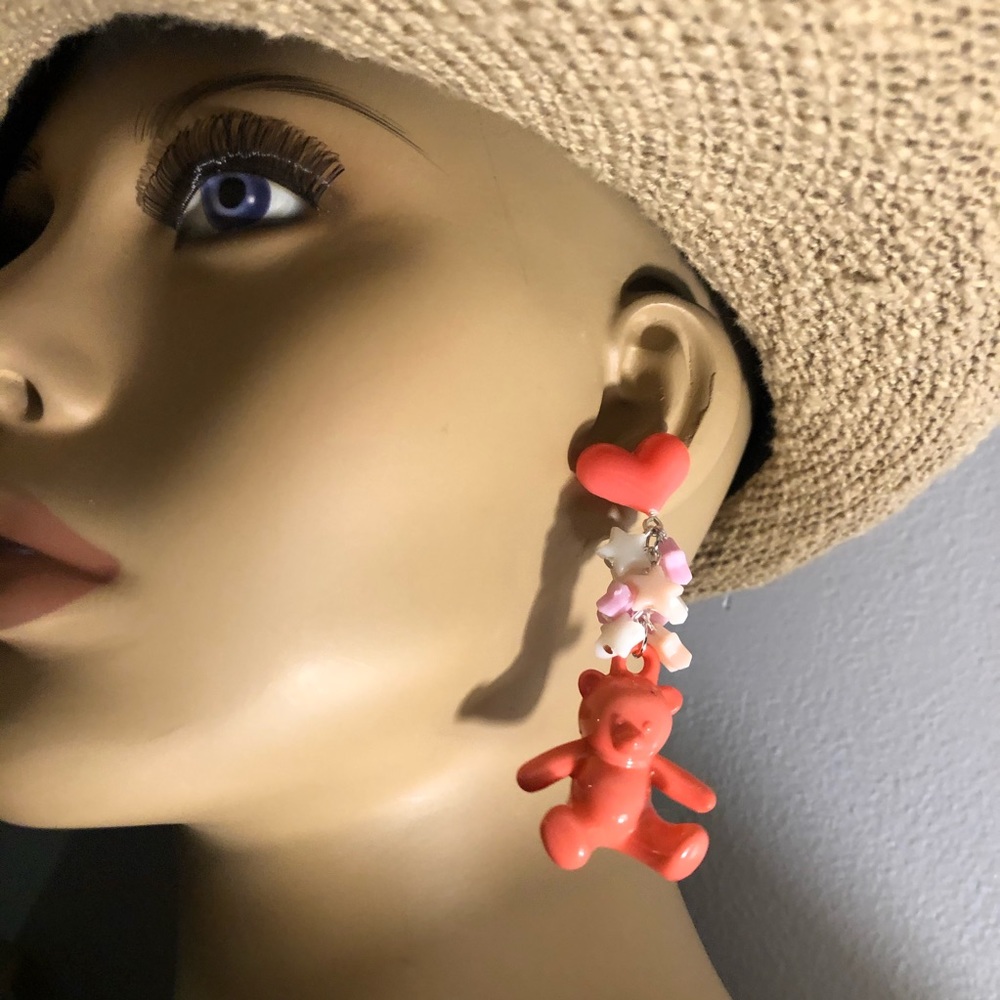 Chunky teddy star heart love peach 🍑 earrings fun long y2k Kawaii statement - Picture 3 of 3